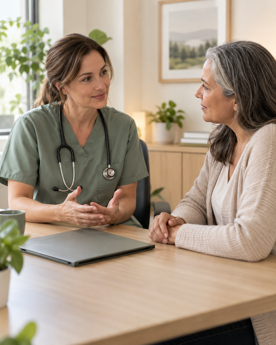 Illustrative clinician listening to a patient in a bright consultation room